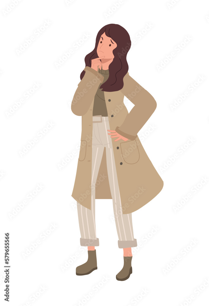 Full length of thinking woman, curious , wonder, making decision. Flat vector cartoon illustration Full length of thinking woman, curious , wonder, making decision. Flat vector cartoon illustration