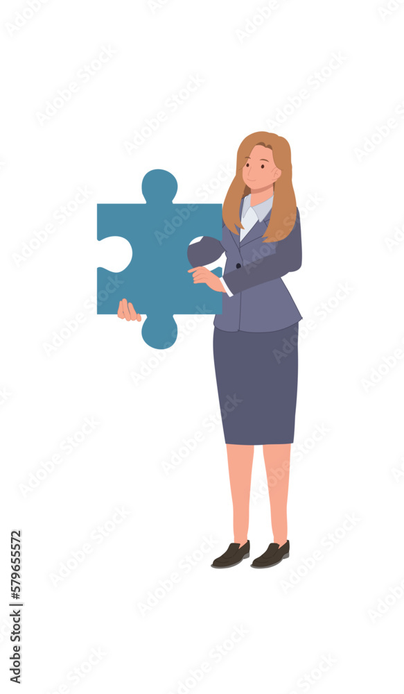 Business Woman holding a big jigsaw puzzle piece. Flat vector cartoon illustration. Business Woman holding a big jigsaw puzzle piece. Flat vector cartoon illustration.