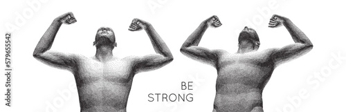 Be strong! Champion raising both hands in the air as a true winner. Victory and freedom. Strong man raising hands up. Sport symbol. Leadership or workout bodybuilding concept. Vector illustration.