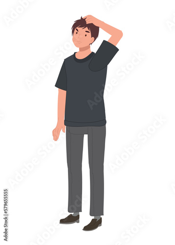 Full length of confuse Man Scratching Head.  Emotions and body language concept. Flat vector cartoon illustration