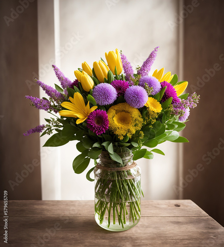 Bouquet of flowers in a glass jar on a wooden table. Generative AI illustration of a full-length bouquet.