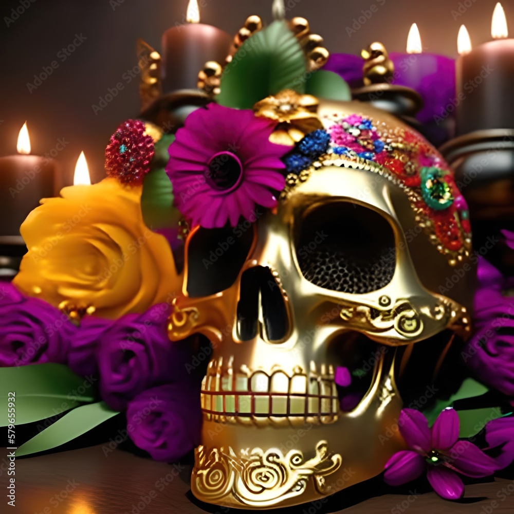 Gold mexican skullfor  day of the dead with candles and flowers. Dia de los muertos. México. Ai generative