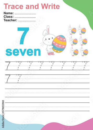 Number seven tracing practice worksheet with 7 rabbits with easter egg. Page for kids learning to count and to write. Vector Illustration. Exercise for children to recognize the number.