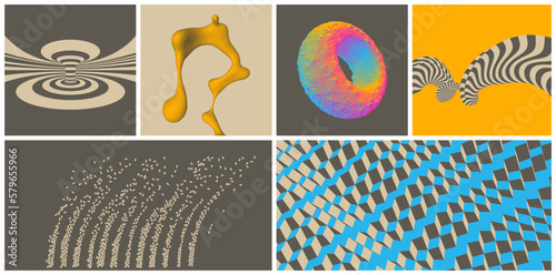 Art composition. Abstract striped background. Dynamic particles. Water splash imitation. Liquid shape or fluid graphic element. 3D iridescent torus shape. Vector for brochure, poster or presentation