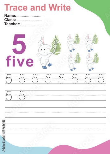 Number five tracing practice worksheet with 5 rabbits holding a palm leave. Page for kids learning to count and to write. Vector Illustration. Exercise for children to recognize the number.