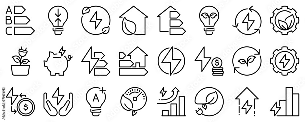 Line icons about energy efficiency on transparent background with editable stroke.
