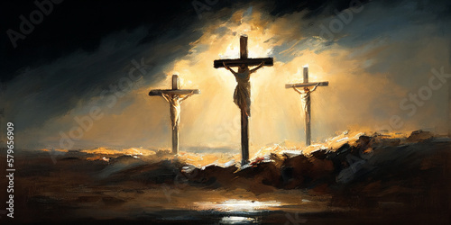 Wallpaper Mural Three crosses on Calvary oil painting symbolic of the crucifixion of Jesus Chris