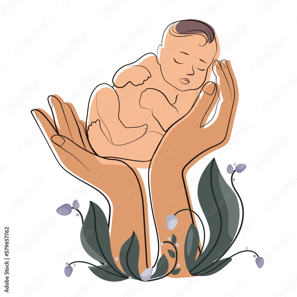 Newborn baby in female hands of mother or midwife line
