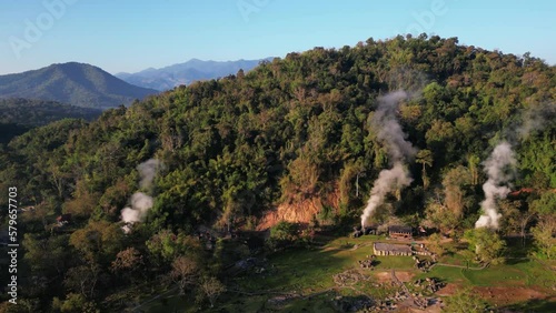 Aerial view of drone flying above Fang Hot Spring in Chiang Mai, Thailand photo