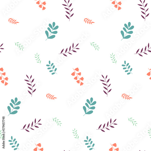 Hand drawn cute seamless pattern with leaves icons. Colored rustic doodle elements on the white background.