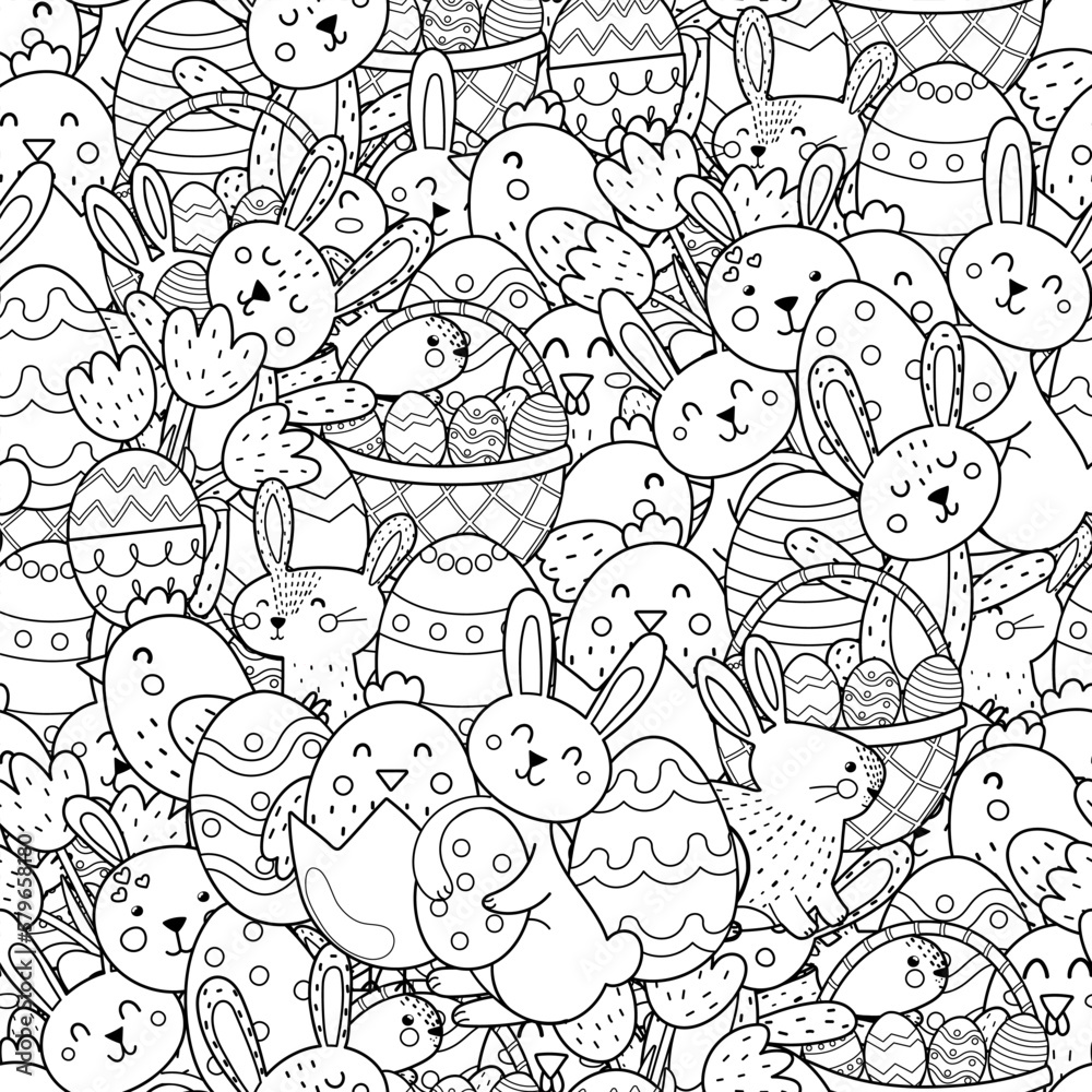Cute Easter bunnies and chicks black and white seamless pattern. Doodle print with funny characters for coloring book. Easter coloring page. Vector illustration