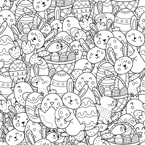 Cute Easter bunnies and chicks black and white seamless pattern. Doodle print with funny characters for coloring book. Easter coloring page. Vector illustration