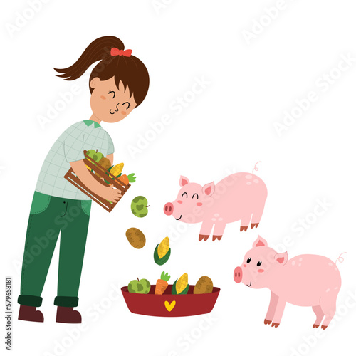 Girl gives food to pigs. Farmer feeds the animals. Farm characters isolated elements in cartoon style. Vector illustration