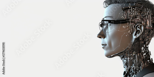 Profile portrait of robot bot ai with connected glasses white background. Synthetic humanoid robot, artificial intelligence.Portrait of gynoid,futuristic cyborg. Banner with space for text, copy space
