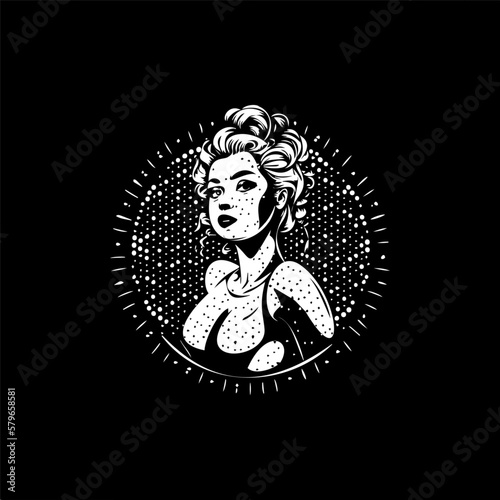 Pin-up girl dotwork tattoo with dots shading, depth illusion, tippling tattoo. Hand drawing white emblem on black background for body art, Varga girl sketch monochrome logo. Vector illustration