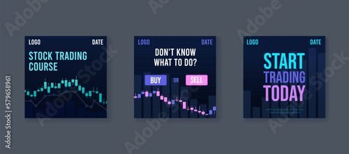 Stock trading poster set for schools and courses. Advertising promo pages with candle stick chart graphs and editable text. Social media post vector templates