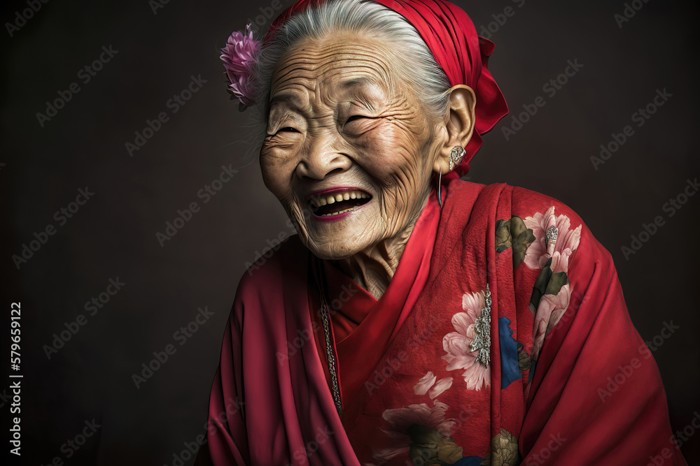 beautiful happy smiling asian old lady, generative ai