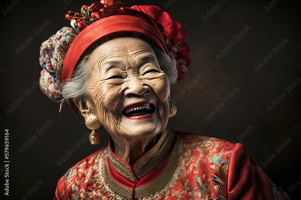 beautiful happy smiling asian old lady, generative ai