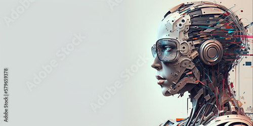 Profile portrait of robot bot ai with connected glasses white background. Synthetic humanoid robot  artificial intelligence.Portrait of gynoid futuristic cyborg. Banner with space for text  copy space