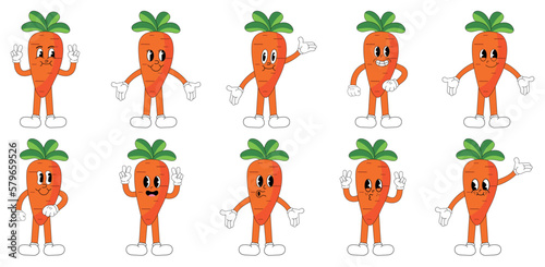A set of carrot cartoon groovy stickers with funny comic characters, gloved hands. Modern illustration with legs and arms.