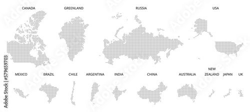 Countries Map Dotted pattern (dot pattern). Map illustration. Vector Image. USA, China, India, Australia, Russia, Canada, Mexico, Brazil, Argentina, Greenland	