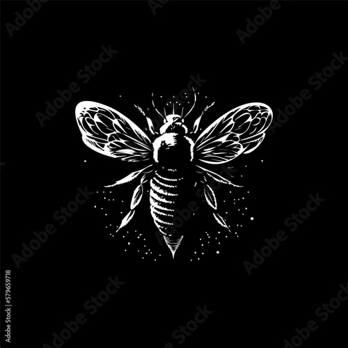 Bee dotwork tattoo with dots shading, depth illusion, tippling tattoo. Hand drawing insect white emblem on black background for body art, minimalistic sketch monochrome logo. Vector illustration