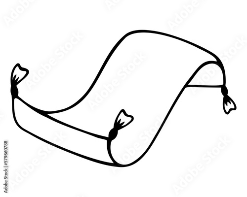 Flying carpet. Sketch. Floor covering. Wobble floor mat with tassels at the ends. Rug in doodle style. Vector illustration. Coloring book. Outline on isolated background. 