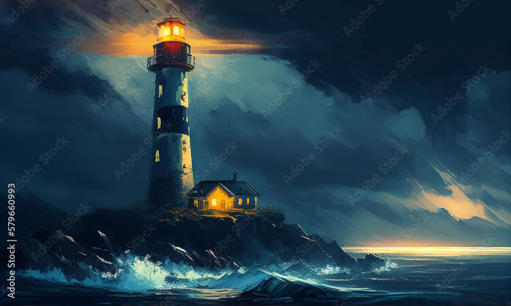 lighthouse shines brightly in the dark in a raging sea, a storm,  painted oil style, generative ai