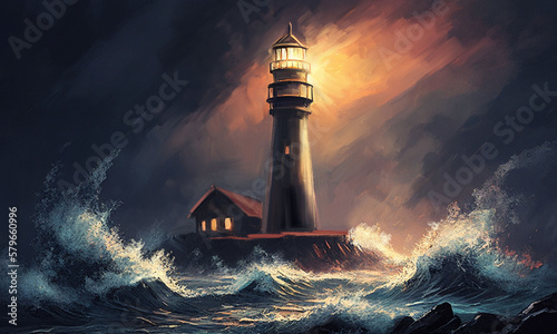 lighthouse shines brightly in the dark in a raging sea, a storm, painted oil style, generative ai