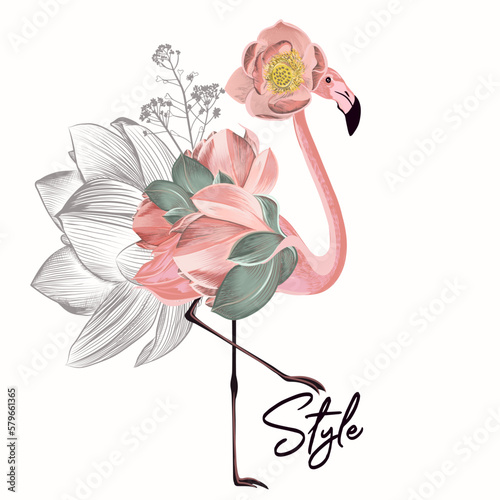 Creative fashion illustration with abstract flamingo and shapes