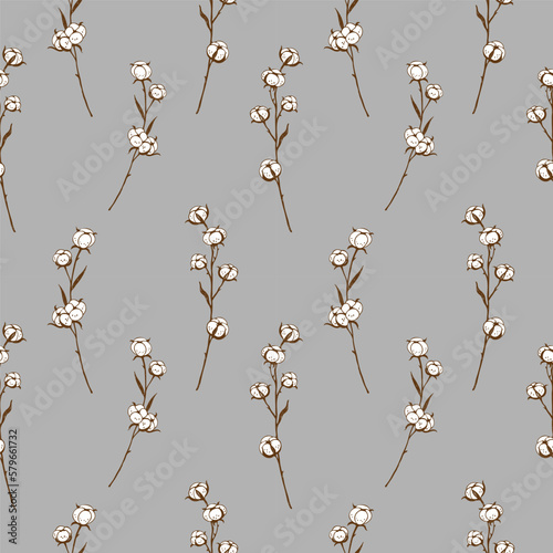 Seamless repeating pattern with cotton branches on a gray background, floral motif. Hand drawn cotton plant. Bohemian patterns.