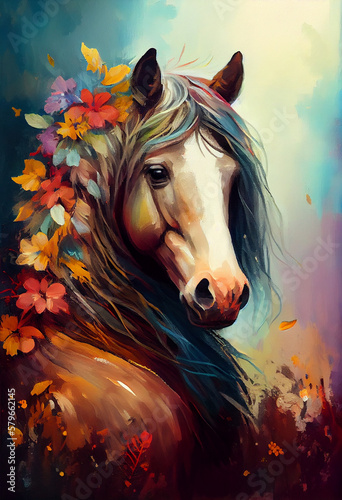 A charming portrait of a horse with a dynamic pose is depicted in this stunning oil painting. The horse animal is set against a backdrop of delicate florals. Generative AI.