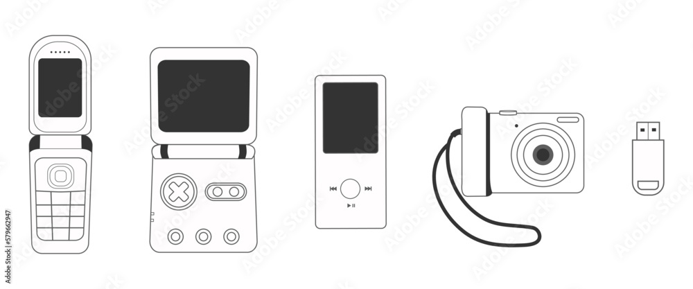 Minimalist Illustrations of Y2k Nostalgia Gadgets Technology Including Flip Phone, Portable Gaming Device, MP3 Player, Digital Camera, and USB Stick - obrazy, fototapety, plakaty 