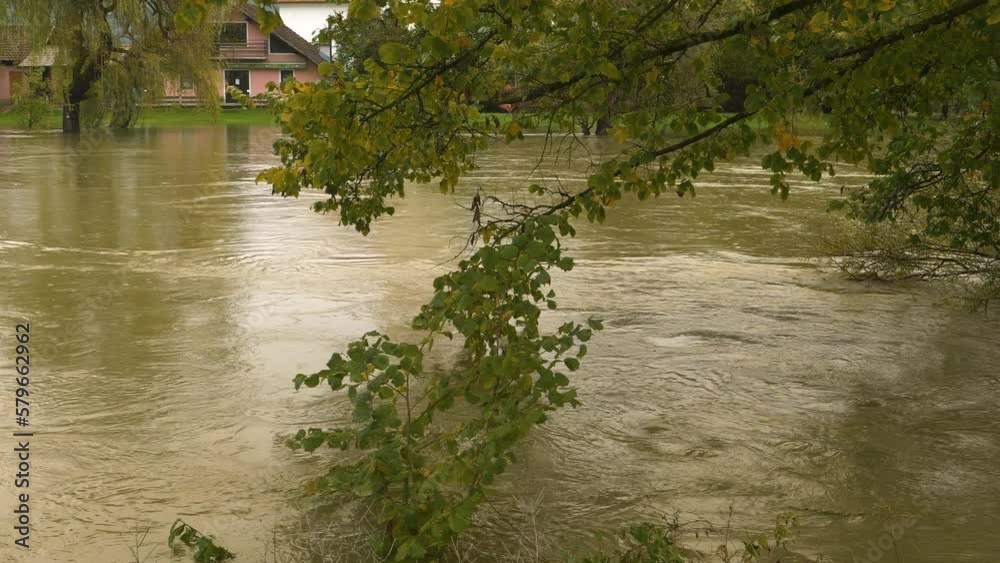 Powerful and rushing river full of muddy flood water spilling over riverbanks. Large river with an elevated water level threatens nearby villages. Severe flooding after heavy rainfall in autumn season Powerful and rushing river full of muddy flood water spilling over riverbanks. Large river with an elevated water level threatens nearby villages. Severe flooding after heavy rainfall in autumn season