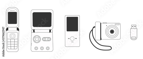Minimalist Illustrations of Y2k Nostalgia Gadgets Technology Including Flip Phone, Portable Gaming Device, MP3 Player, Digital Camera, and USB Stick photo