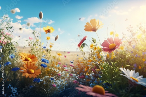 Beautiful  sunny spring summer meadow. Natural colorful panoramic landscape with many wild flowers and blue sky. Generative AI.