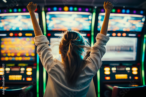 Joyful girl woman raising his hands up happy rejoices at a cash win in a casino on slots. 