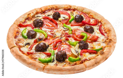 Delicious pizza with meatballs, tomatoes, mushrooms, peppers and mozzarella, cut out