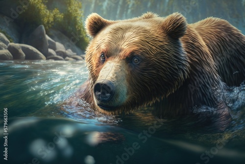 Grizzly Bear Stock Photo, Wild brown bear fishing in Montana stream summer watercolor, Wildlife Photography, Generative Ai © LaxmiOwl