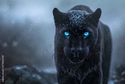Beautiful black panther with blue eyes on the background of nature. Generative AI