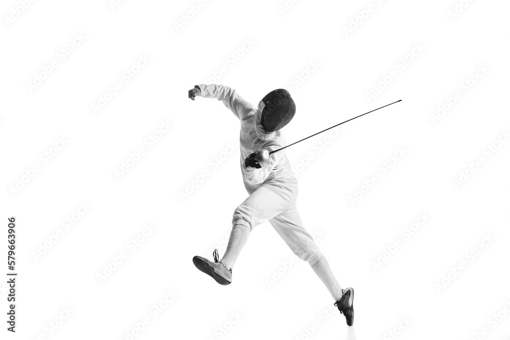 Professional male fencer in fencing costume training with sword isolated on white studio background. Concept of sport, competition, professional skills, achievements Professional male fencer in fencing costume training with sword isolated on white studio background. Concept of sport, competition, professional skills, achievements