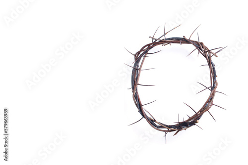 Christian Easter concept. Crown of thorns on white background. Good Friday. Remember the real Reason of the Season. Jesus Christ born to Die, born to Rise. Messiah, Emmanuel