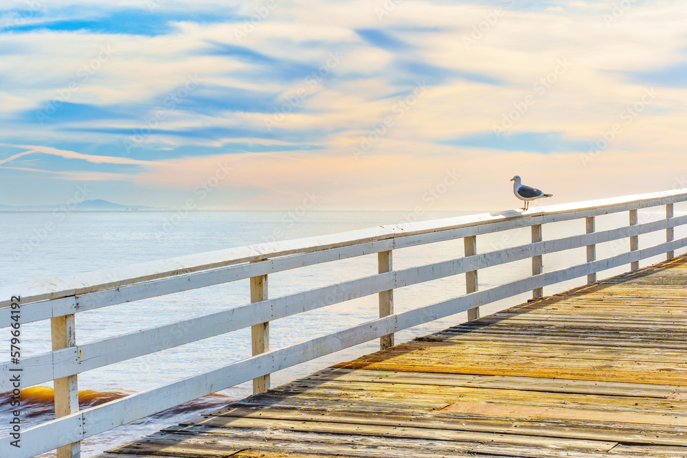 Tranquil Malibu Pier at Sunrise with Seagull perched on Railing