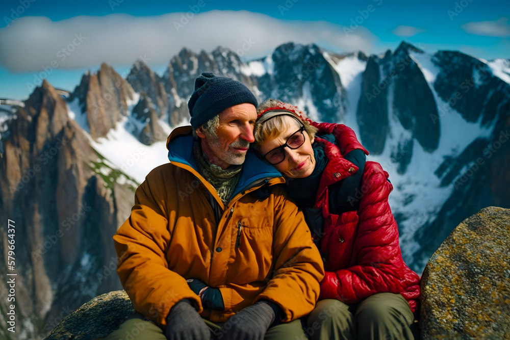 Elderly happy couple of hikers climbers sits and rests on the top of a mountain admiring the mountain landscape around. Generative AI