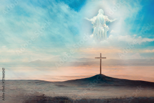 Schilderij op canvas Jesus Christ in clouds of heaven over cross - ascension Christ return