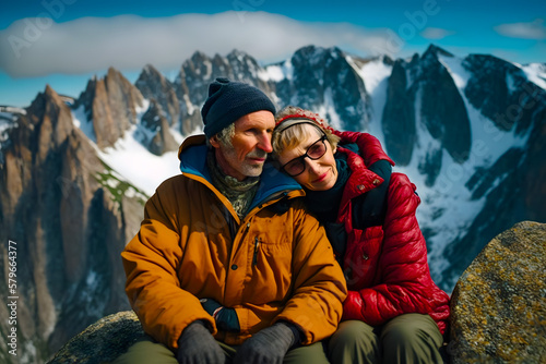 Elderly happy couple of hikers climbers sits and rests on the top of a mountain admiring the mountain landscape around. Generative AI