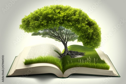 Tree growing from opened old book. Generative Ai