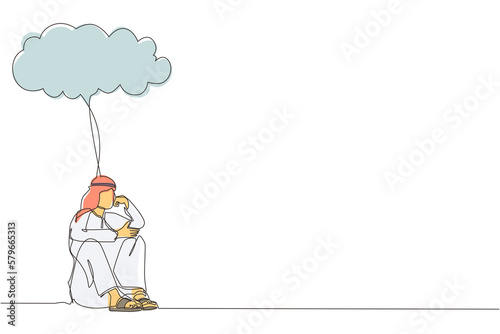 Single continuous line drawing Arabian businessman feeling sad, depression sitting under rain and cloud. Unhappy depressed loneliness sad worker in stress with problem. One line graphic design vector © Simple Line