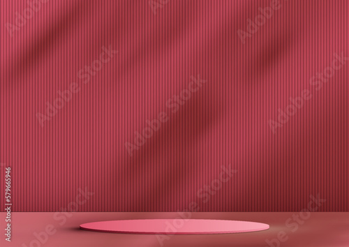 3D realistic red podium pedestal on natural tree leaf shadow on red background minimal style