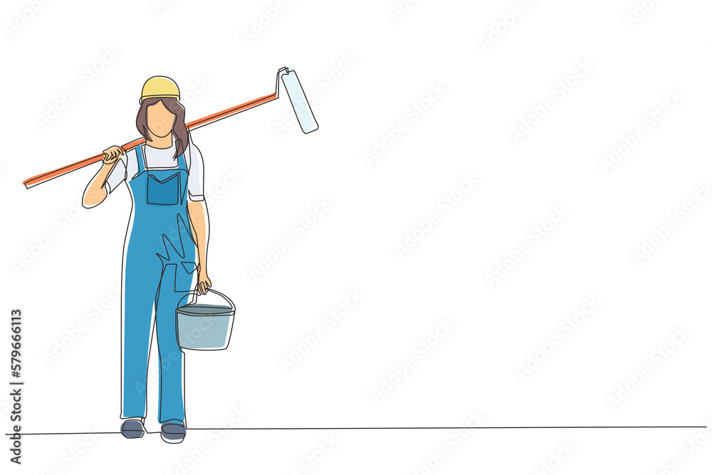 Single continuous line drawing female painter with bucket of paint and paint roller. Professional repairwoman in overalls on the background of apartment renovation. One line draw graphic design vector Single continuous line drawing female painter with bucket of paint and paint roller. Professional repairwoman in overalls on the background of apartment renovation. One line draw graphic design vector